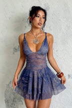 Deep V-Neck Spaghetti Strap Ruched Tiered Flared Mini Dress