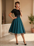 Retro Glamour Dress 1950s Style Jewel Neck Layered Short Sleeves Medium Polka Dot Rockabilly Dress