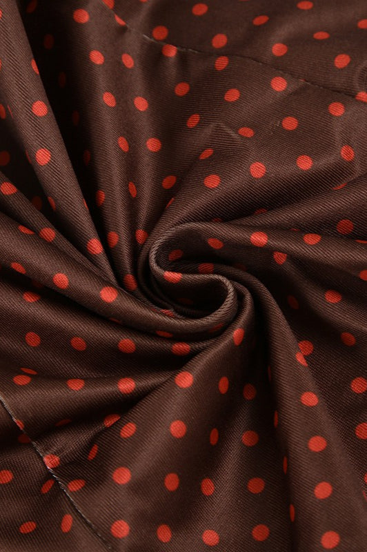 Brown Cap Sleeve Lace Trim Ribbon Bow Polka Dot Mini Dress