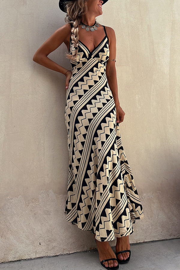 Geometric Zigzag Print Spaghetti Strap Deep V-Neck Maxi Dress