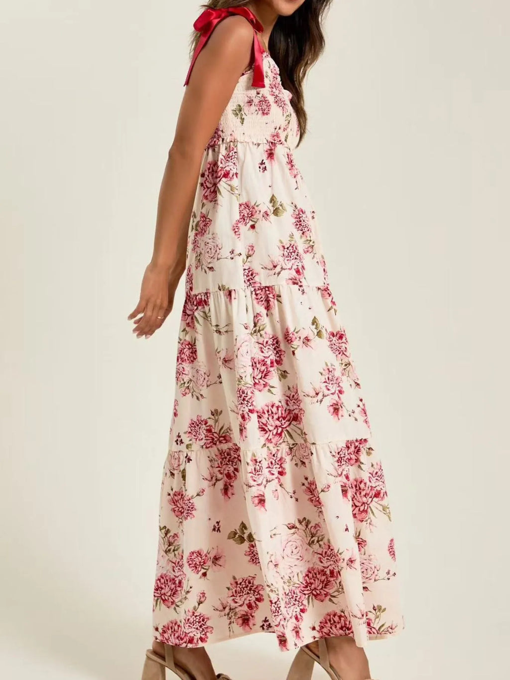 Smocked Tie Shoulder Printed Maxi Dress