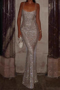 Sequin Scoop Neck Mesh Strap Bodycon Maxi Gown
