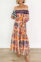 Off Shoulder Puff Sleeve Tiered Hem Tropical Print Pocket Maxi Dress