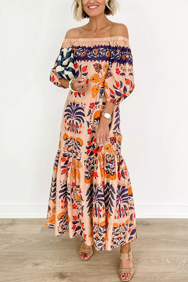Off Shoulder Puff Sleeve Tiered Hem Tropical Print Pocket Maxi Dress