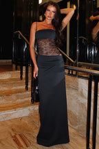 Halter Neck Sheer Lace Panel Cut Out Hip Satin Maxi Dress
