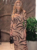Mock Neck Long Sleeve Abstract Swirl Print Bodycon Maxi Dress
