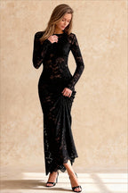 Floral Lace Long Sleeve Crew Neck Sheath Maxi Gown