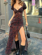 Sweetheart Neck Puff Sleeve Floral Print Thigh Slit Maxi Dress