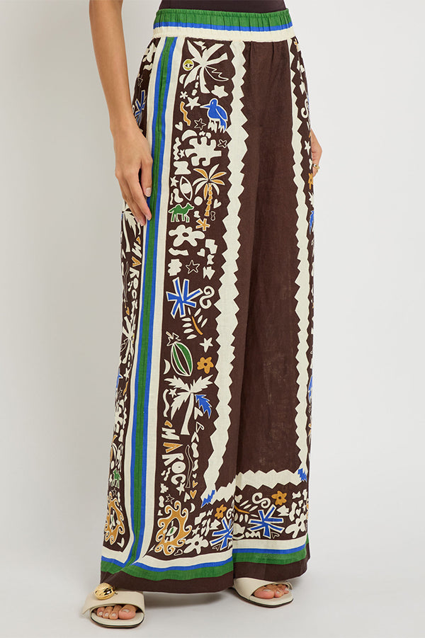 Antibes Satin Court Unique Printed Long Sleeve Loose Shirt and Elastic Waist Pants Set