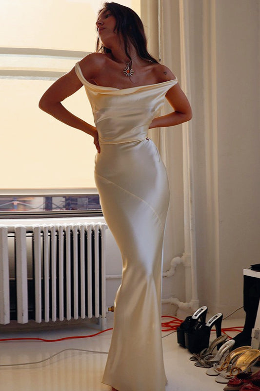 Satin Off Shoulder Cowl Neck Ruched Waist Bodycon Maxi Dress