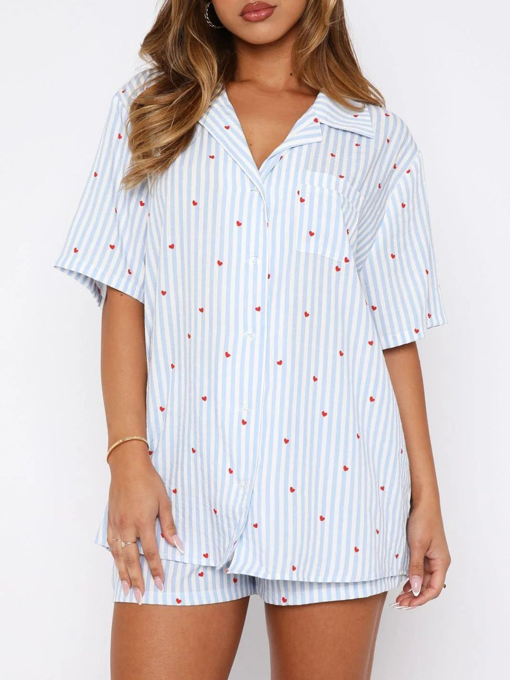 Blue Zone Planet | Valentine's Day Printed Collared Neck Short Sleeve Top And Shorts Set
