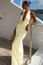 Deep V Halter Neck Rhinestone Buckle Ruched Maxi Dress