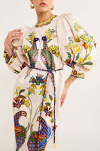 Bird Print Puff Sleeve Belted Border Hem Midi Dress