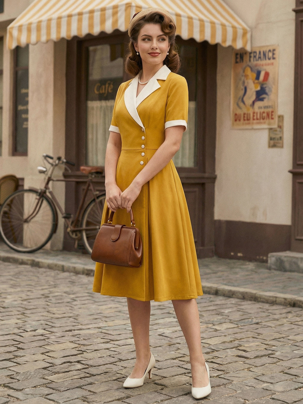 Retro Lapel Side Button Slim Fit Flare A Line Elegant Midi Dress For Women 2026