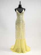 Sequin Sheer Maxi Slip Dress for Women - Butter Yellow Boho Backless V Neck Mermaid Cut Evening Gown - Summer Beach 2026