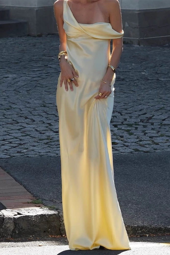 Satin Asymmetric Cowl Neck One Shoulder Column Maxi Dress