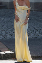 Satin Asymmetric Cowl Neck One Shoulder Column Maxi Dress