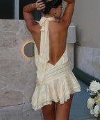 Halter Tie Back Ruched Waist Tiered Ruffle Backless Mini Dress