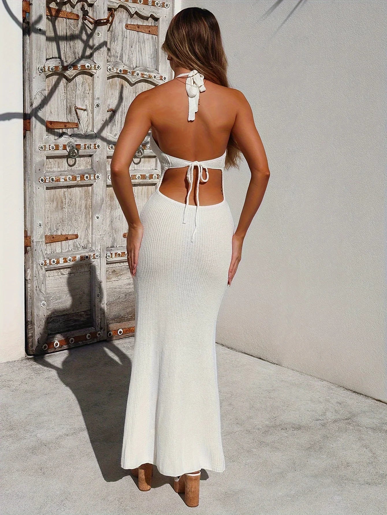 Halter Neck Deep V-Neck Open Knit Panel Rib Knit Maxi Dress