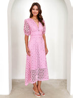 Lace Dress V-neck Puff Sleeve A-line Midi Dress For Women 2026