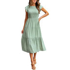 Smocked Bodice Flutter Sleeve Tiered A-Line Midi Dress