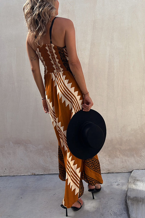 Geometric Print Spaghetti Strap V-Neck Smocked Back Midi Dress