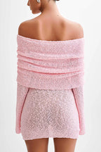 Off Shoulder Cowl Neck Long Sleeve Textured Knit Bodycon Mini Dress