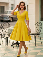 Vintage 1950s Swing Cocktail Dress for Women - V Neck Short Sleeve A-Line Ruched Bust Rockabilly Midi Gown - Wedding Guest 2026