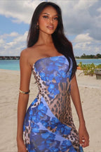 Blue Strapless Iris Floral Mixed Print Bodycon Maxi Dress