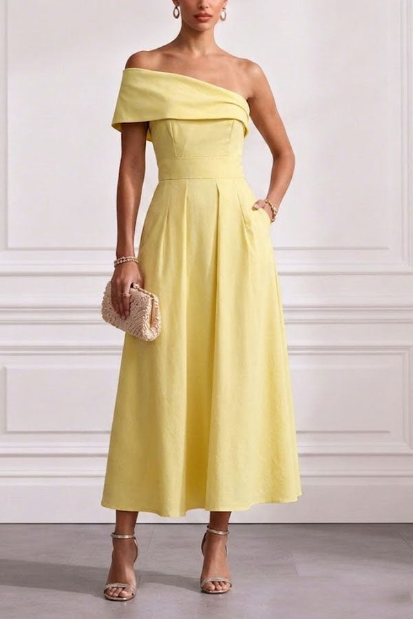 Chic One-Shoulder A-Line Midi Dress with Pockets