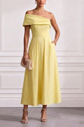 Chic One-Shoulder A-Line Midi Dress with Pockets