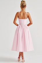 Gingham Square Neck Basque Waist Pleated Fit and Flare Midi Dress