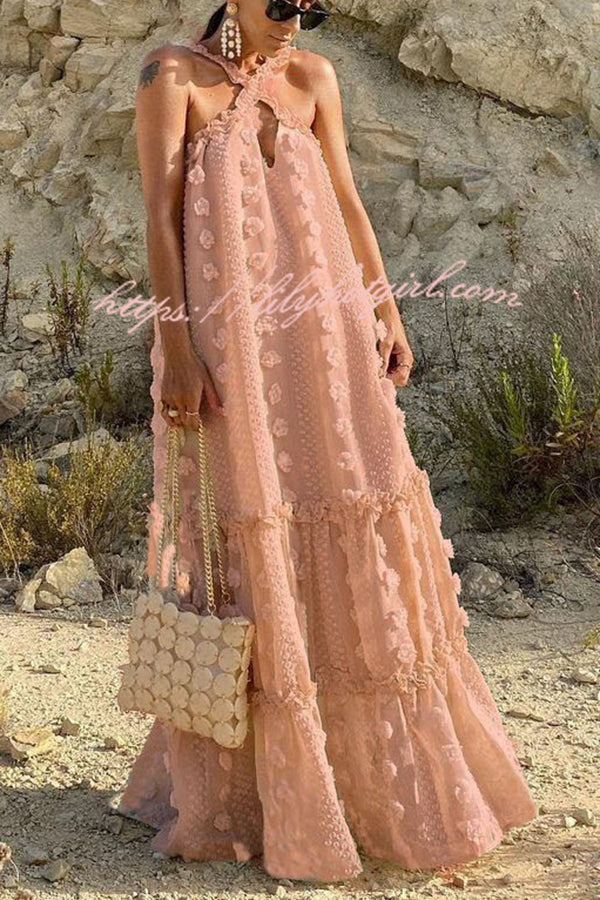 3D Floral Applique Halter Keyhole Tiered Maxi Dress
