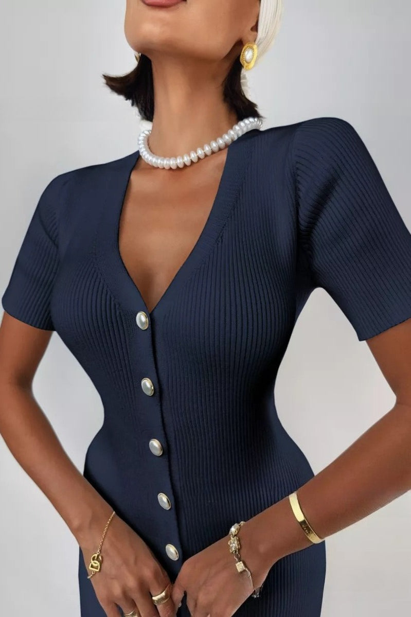 V-Neck Ribbed Knit Pearl Button Short Sleeve Bodycon Midi Sweater Dress