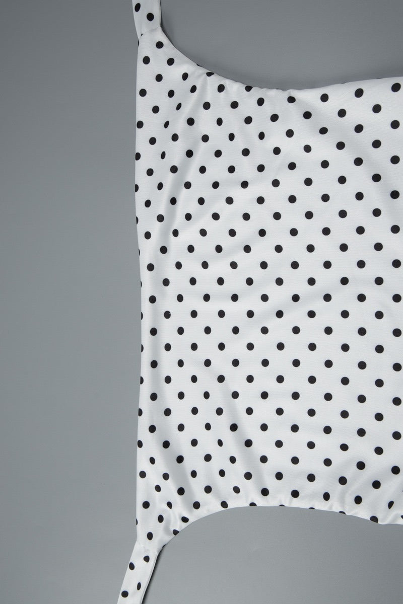 White Cowl Neck Halter Polka Dot Asymmetrical Hem Midi Dress