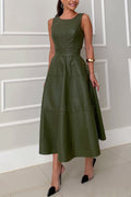 Faux Leather Princess Seam Waist Belt Tiered A-Line Midi Dress