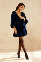 Velvet Gathered V-Neck Balloon Sleeve Empire Waist Mini Dress