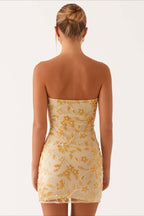 Strapless Sequin Floral Embroidered Mesh Bodycon Mini Dress
