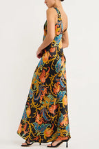 Satin Botanical Print Deep V-Neck Slip Maxi Dress