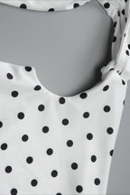 Boat Neck Polka Dot Asymmetric Shoulder Tie Detail Bodycon Mini Dress