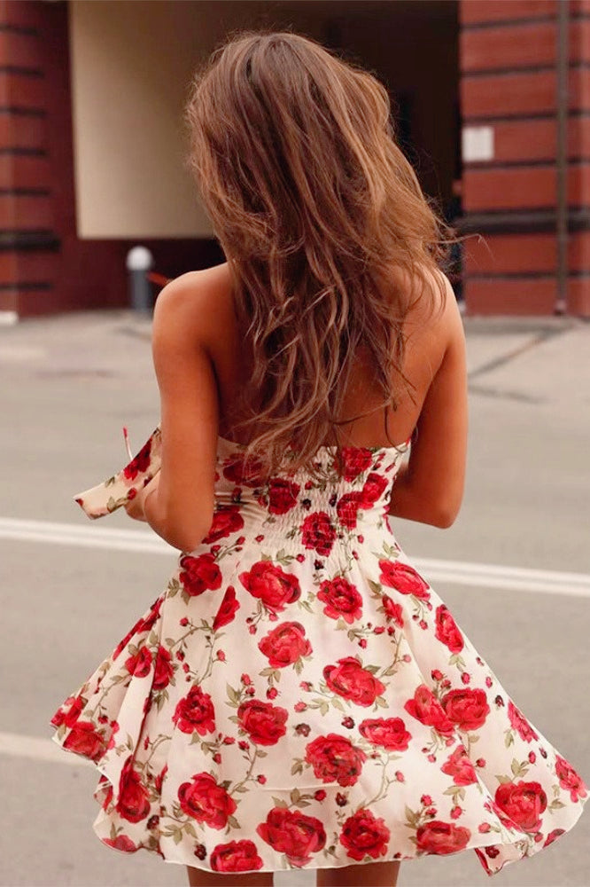 Floral Print Halter Neck Deep V-Neck Fit and Flare Mini Dress