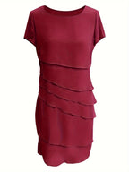 Amadis Minimalist Cotton Layered Trim Round Neck Short Sleeve Evening Dress for Women Premium Wardrobe Essential