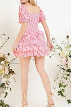 Floral Print Smocked Square Neck Tie-Shoulder Tiered Ruffle Mini Dress