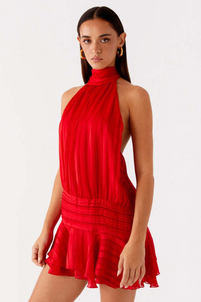 Halter Neck Pleated Collar Drop Waist Ruffle Flounce Mini Dress
