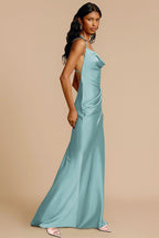 Satin Cowl Neck Spaghetti Strap Draped Side Gather Maxi Gown