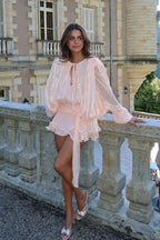 Iridescent Cold Shoulder Puff Sleeve Cut Out Ruffle Hem Mini Dress