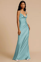Satin Cowl Neck Spaghetti Strap Draped Side Gather Maxi Gown