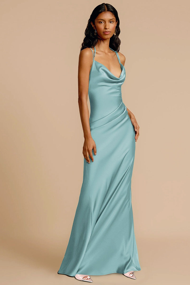 Satin Cowl Neck Spaghetti Strap Draped Side Gather Maxi Gown