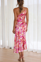 Abstract Floral Print One Shoulder Ruched Mermaid Hem Midi Dress