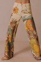 We The Free Denim Playful Doodle Printed Mid Rise Pocket Wide Leg Jeans